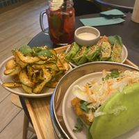 Cucumber salad, bang bao with Tofu, veggie dumplings and homemade Berry iced tea… Food was delicious, the iced tea was very very Sweet  at Home of Dumplings in Berlin