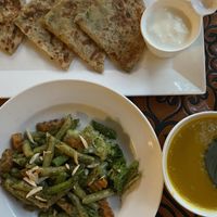 Pumpkin soup, pesto pasta and the bread parantha (?) with potato at Suananda Vegetarian Garden in Bangkok