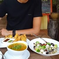 Good food = happy face.  at Suananda Vegetarian Garden in Bangkok