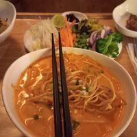 Be nice to your neighbour, a dish from Myanmar. Loved it! at Suananda Vegetarian Garden in Bangkok