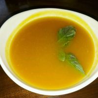 Tomato and pumpkin soup at Suananda Vegetarian Garden in Bangkok