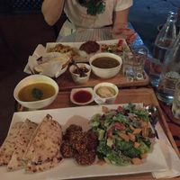 Falafel pita and hummus with soup, salad and a bottle of water around 300 at Suananda Vegetarian Garden in Bangkok