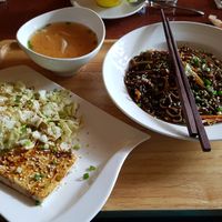 Soba noodles, tofu and miso soup at Suananda Vegetarian Garden in Bangkok