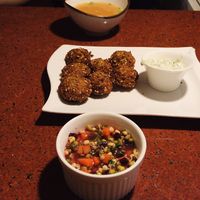 Mung bean lemon salad, falafel fritters, spicy miso mushroom soup  at Suananda Vegetarian Garden in Bangkok