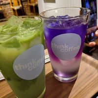 Matcha soy latte and lavender lemonade at Think Coffee in Tokyo