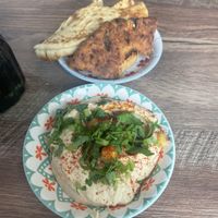 Complimentary pita chips and hummus   at Pita House in Tarrytown