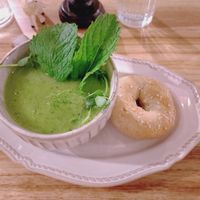 Minty Greenbean Soup w/Mini Bagel at Cafe Zi - 梔子 in Kowloon