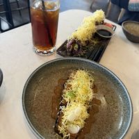 Peach iced tea, fried chicken roll, miso eggplant (too salty, adding a side of rice to make it a meal would help with that)  at Origami - Napier in Napier