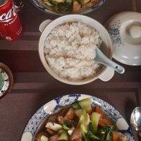 Mushroom veg, tofu veg and rice at An Tam Coc in Ninh Binh