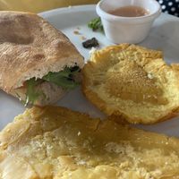 Vegan steak sandwich with tostones  at St Germain Bistro and Cafe in San Juan