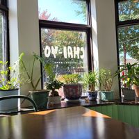 View through the front window with plants at Chai - Yo  in Montreal