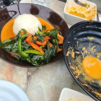 ped yang panang curry with vegan duck and nom jeen nam ya red curry noodle soup with "fish" at Chai - Yo  in Montreal