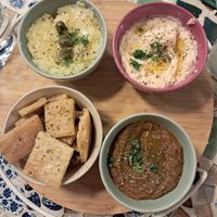 Potato & garlic dip, spicy feta dip and aubergine dip at The Crazy Little Greek in Berlin