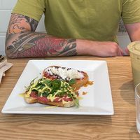 Banana and peanut butter toast/hummus toast   at Unrefined Wellness Bar in Eugene