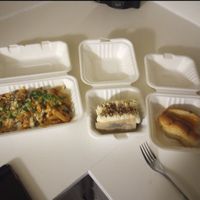 Loaded fries, cake, and a half eaten hot dog because I couldn't wait ❤️ at Sealevel City Vegan Diner in Wilmington