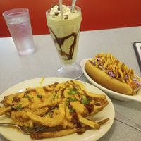 Chili fries and nacho cheese, hot dog with buffalo, and mint shake!!! at Sealevel City Vegan Diner in Wilmington