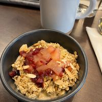 Overnight oats with fruit and toasted sliced almonds at Factory Coffee - Downtown in Kalamazoo