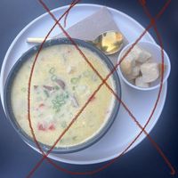 “6 carrot vegan soup de jour” nope, it had lots of chicken in it!:(  at Factory Coffee - Downtown in Kalamazoo