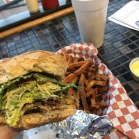 “Very veggie burger” with sweet potato fries and curry mustard dipping sauce  at Buns Burgers and Fries in Chapel Hill