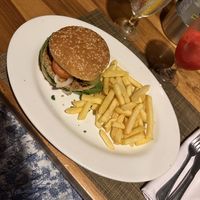 Vegan burger and fries   at Naboo Restaurant in Roatan