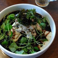 "Neue Tradition", a "Knödel" with flavourful sauce, sprouts, crunchy kale chips and a mild mousse at SEIN  in Zurich