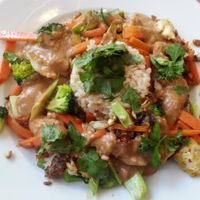 Stir-fry with tofu in satay sauce - delicious! Moose's Kitchen at Moose's Kitchen in Hastings