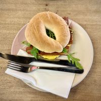 Bacon and cheese bagel  at Hustle in Belfast