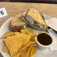 Vegan christmas sandwich - fake turkey, stuffing, cranberry, gravy, vegan bacon #Veganuary at Hustle in Belfast