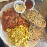Tofu scramble, smoky beans, sourdough toast #Veganuary at Hustle in Belfast