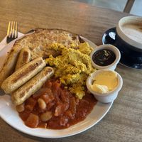 Sausages, tofu scramble, homemade baked beans and toastt  at Hustle in Belfast