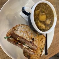 Falafel sriracha toasty and Irish stew.  at Hustle in Belfast