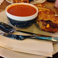 Tomato basil soup with spicy chicken toastie at Hustle in Belfast