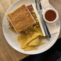 Potato bread with tofu, sausage, baconn  at Hustle in Belfast