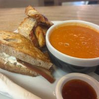 Toastie with bacon and chicken schnizel and soup of the day at Hustle in Belfast