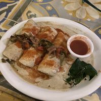 Vegan papadzules. The creamy texture sauce is made from pumpkin seeds, a staple in the region    at Chaya Maya Casona in Merida