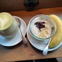 Matcha latte and overnight oatss  at Brenner in Vienna