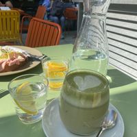Matcha latte and free refillable water  at Brenner in Vienna