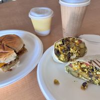 Vegan breakfast sandwich and vegan breakfast burrito, with coffee. ☕️  at Bridge & Tunnel Coffee - Cafe & Roastery in Asheville