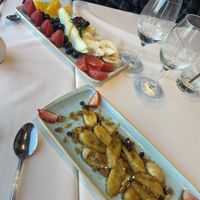 Flambéed banana and fruit platter   at Puerto Cristal in Buenos Aires