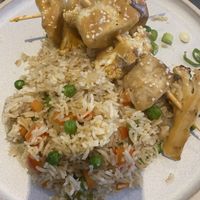 Tofu and cauliflower satay skewers with fried rice   at The Good Apple Cafe in Sunderland