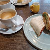 Oat flat white and an amazing burrito at The Good Apple Cafe in Sunderland