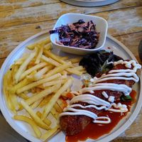 Korean corndog with chips and coleslaw at The Good Apple Cafe in Sunderland