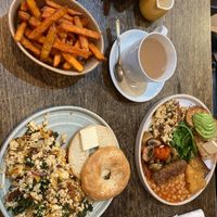 Breakfast plate, sweet potato fries, bagel & scrambled tofu at The Good Apple Cafe in Sunderland