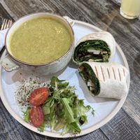 Souper combo: broccoli and potato soup with a feta, walnut and beetroot wrap.  at The Good Apple Cafe in Sunderland