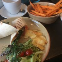 Vegan wrap special and sweet potato fries at The Good Apple Cafe in Sunderland