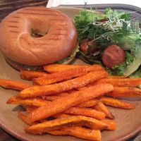 tomato & avocado bagel with sweet potato fries and salad at The Good Apple Cafe in Sunderland