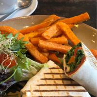 Roast veg and hummus wrap with sweet potato fries at The Good Apple Cafe in Sunderland