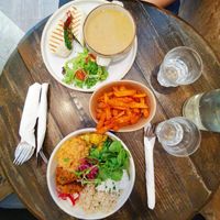The soup and wrap deal + sweet potato fries + Asian Buddha bowl 😍 at The Good Apple Cafe in Sunderland