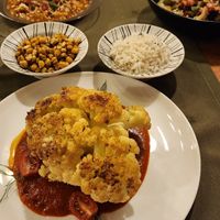 roasted cauliflower in Manchurian sauce with mint roasted chickpeas. super duper! at Tierra Restaurante  in Sucre