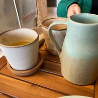 Tea in lovely pottery at Anguilla Surf Café in Melides